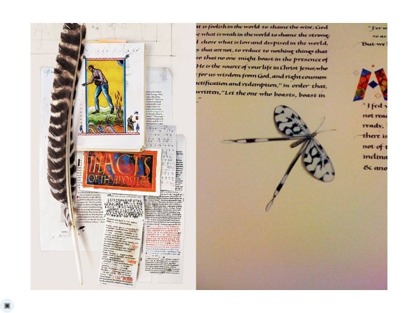 Donald Jackson has led the scriptorium of more than a dozen artists. He created a text hand that was made into a font which was used to typeset each page. These typeset pages were patterns for the calligraphers who hand lettered the text onto calfskin pages, using quills and antique stick inks.