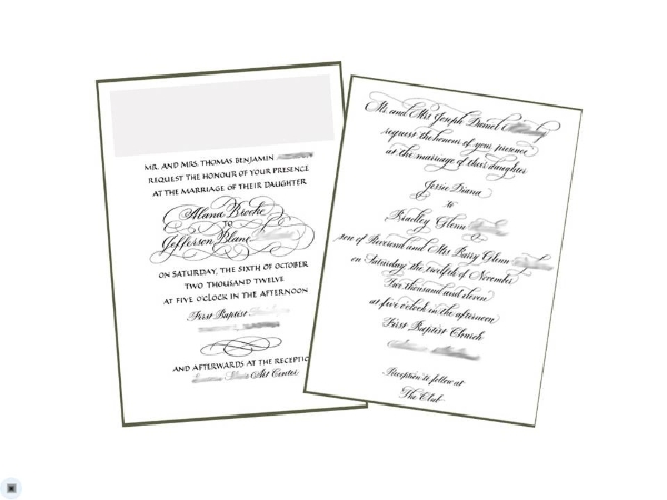 In my own work I use digital programs both as tools of creation and to prepare work for production. Here are camera-ready invitations, scanned and digitally centered (smudged for privacy). Some printers require a JPG; others require a vector file.