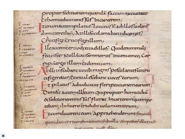 The Carolingian hand, developed in Charlemagne’s time to facilitate unification and communication within his empire, carries the basic forms of most of our lower-case letters. This page from a Latin Gospel was produced at Tours in the early part of the 9th century.