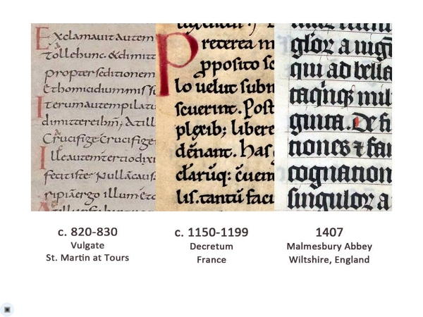As time passed, scribes worked to fit more and more words on the expensive parchment. Letters became compressed, eventually becoming the blackletter style we now associate with Germans and bikers.