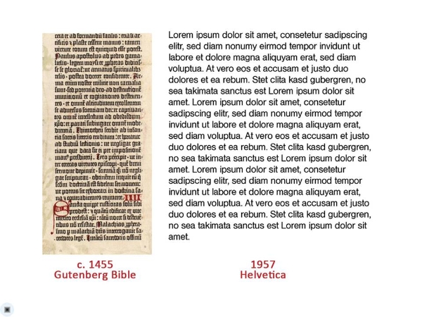 The first printing presses mimicked the letterforms made by quills, but as time passed, the tools and materials had their effect on the form: type fonts became less gestural and more constructed. The type in the first Gutenberg bible is a far cry from today’s ubiquitous Helvetica typeface.