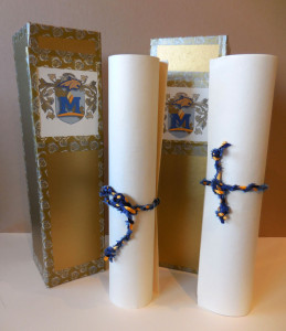 MSU madrigal dinner invitation scrolls and boxes