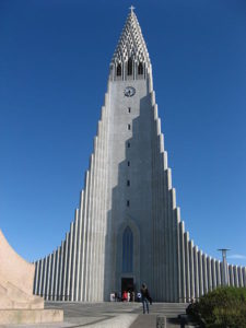 Front view of the modern church Hallgrimskirkja in Reykjavik