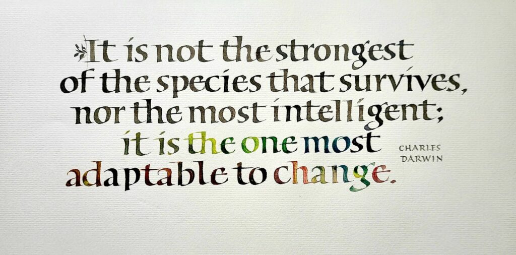 "It is not the strongest of the species that survives, nor the most intelligent; it is the one most adaptable to change." - Charles Darwin. Rendered in Roman minuscules.