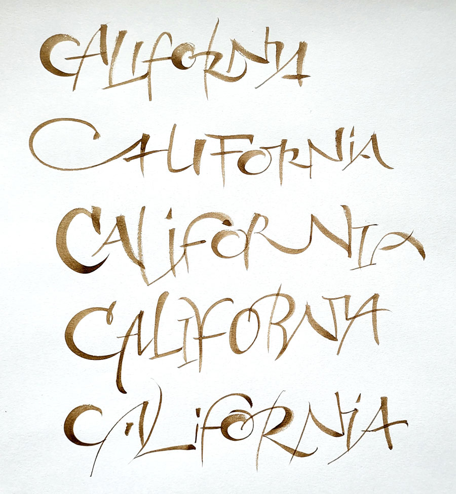 Homework done in week 3 of the pointed-brush class with Yves Leterme. At the end of the first page of this exercise, I felt that I had a few more different "California"s in me.