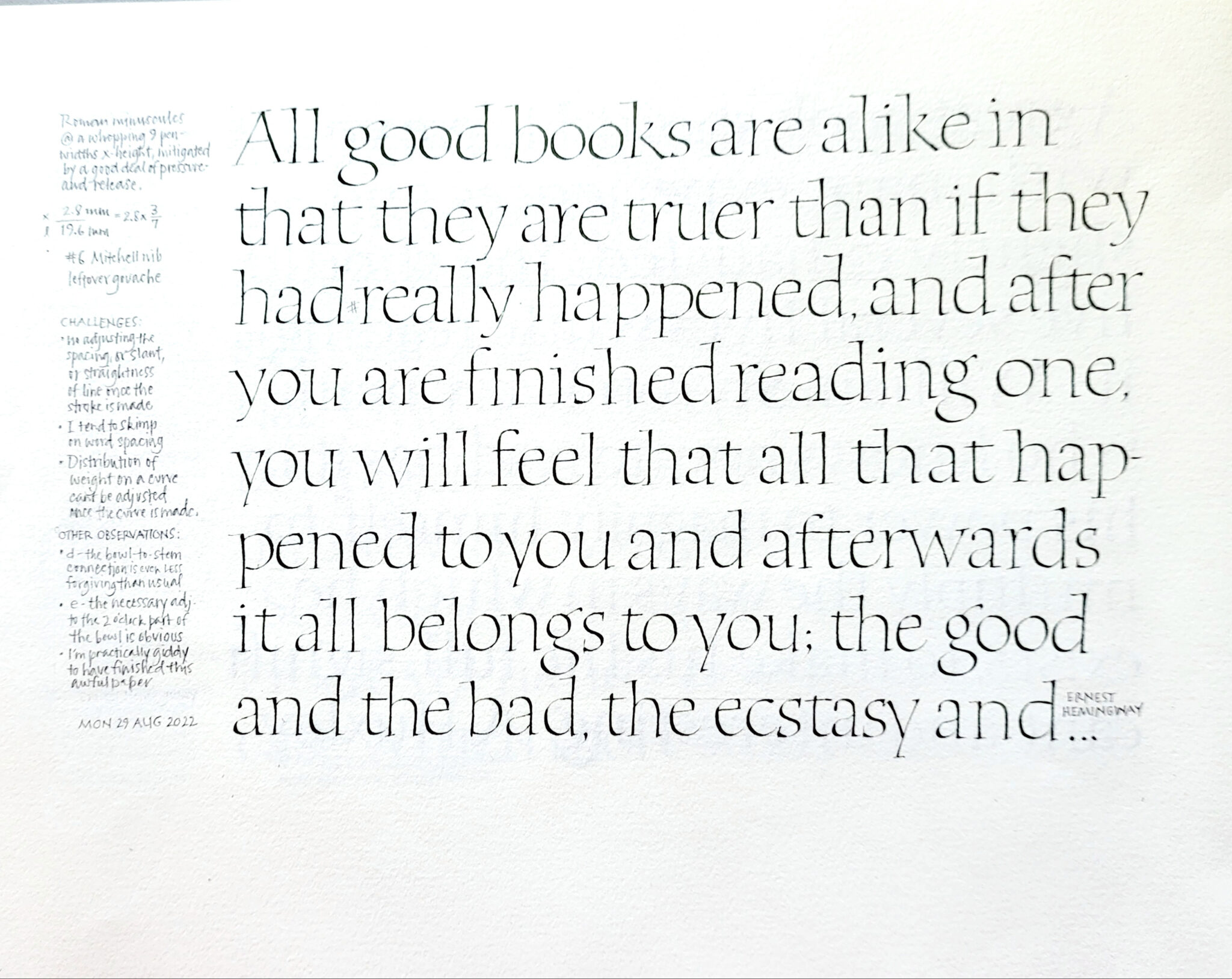 Roman minuscules practice with #6 Mitchell pen, using pressure-and-release