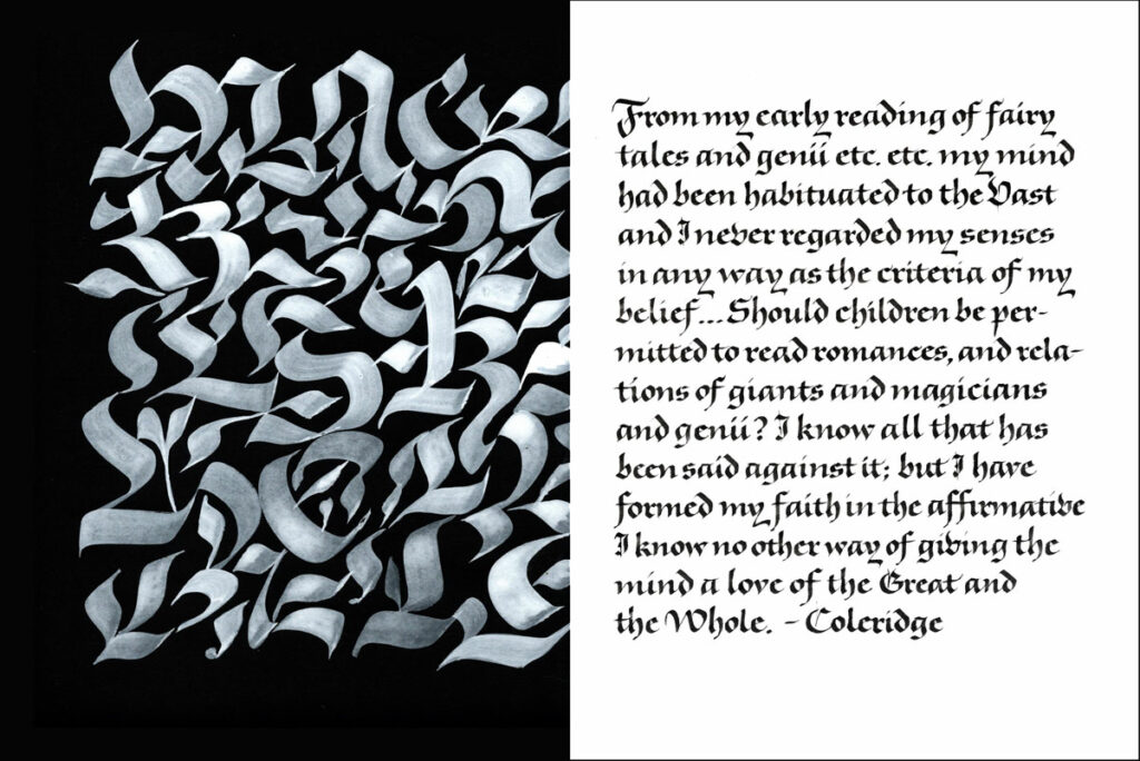 A folio of Fraktur lettering, with brush-made abstracted Fraktur forms on the left and pen-made text on the right.